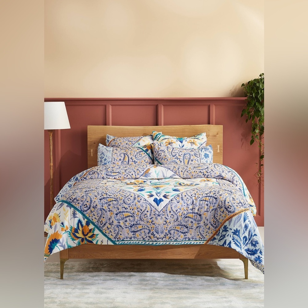 Anthropologie Elspeth Blue, Teal, Yellow and White Floral Quilt